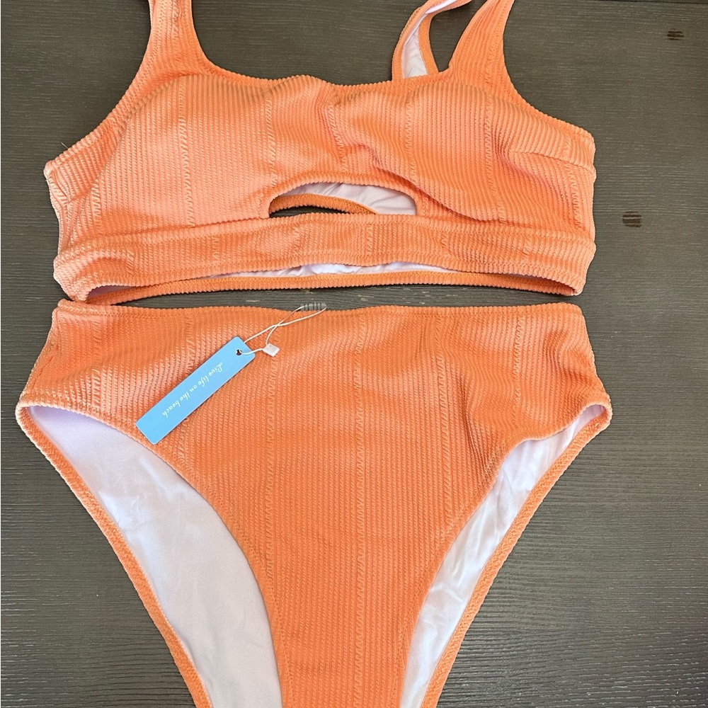 Popvil Textured Solid Front Cutout Peachy Bikini Set - Brand New with Tags!